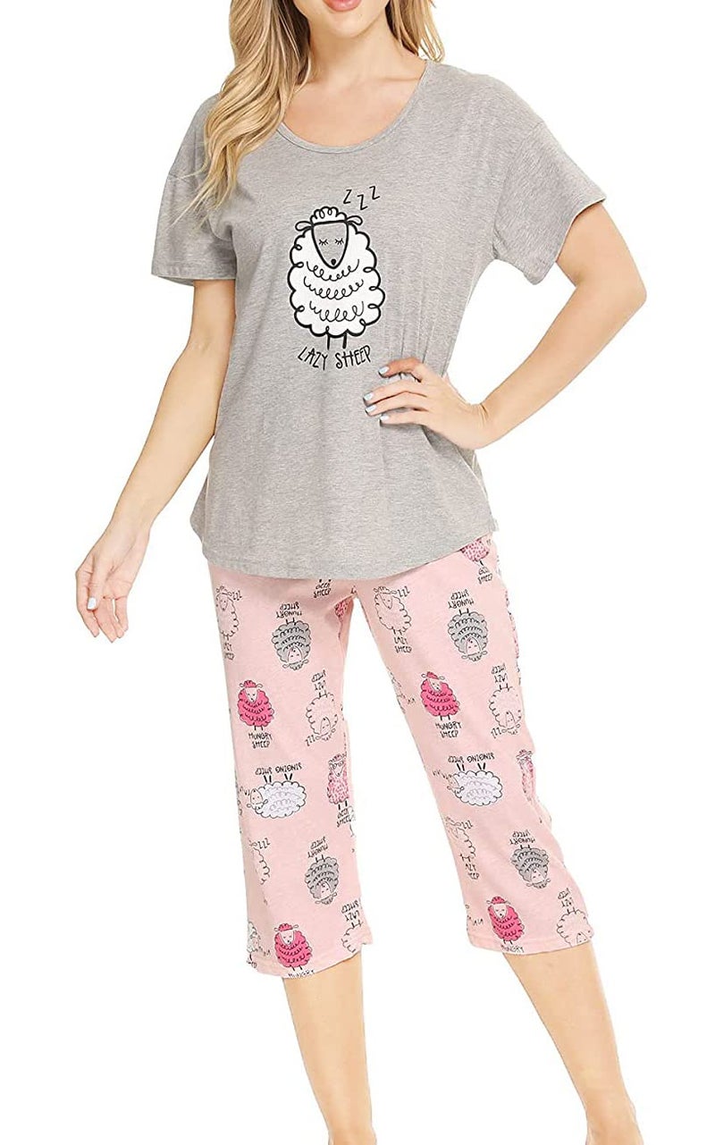 CHUNG Women Cotton Pajamas Set Short Sleeve Top Capri Pants Sleepwear Plus Size,Grey Sheep,3XL - Image 1